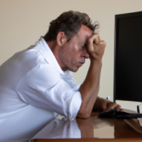A 50 year old man sitting at a desk with a computer on it in an office setting with his head in his hands as if he’s really tired