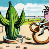 A cactus sitting next to onion rings in a farm, 1960s Cartoon