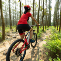 woman riding bicycle thrtrouigh rsin forest