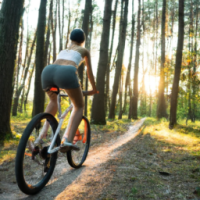 woman riding bixcycle along bech at sunsetwoman riding bicycle thrtrouigh rsin forest