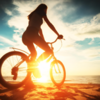 woman riding bixcycle along bech at sunset