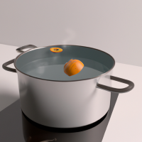 long shot of a Saucepan of boiling water on a hob with orange peel infusing 