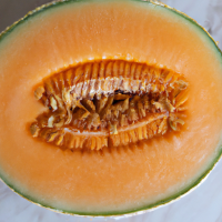 fresh cut cantaloupe in half in full view